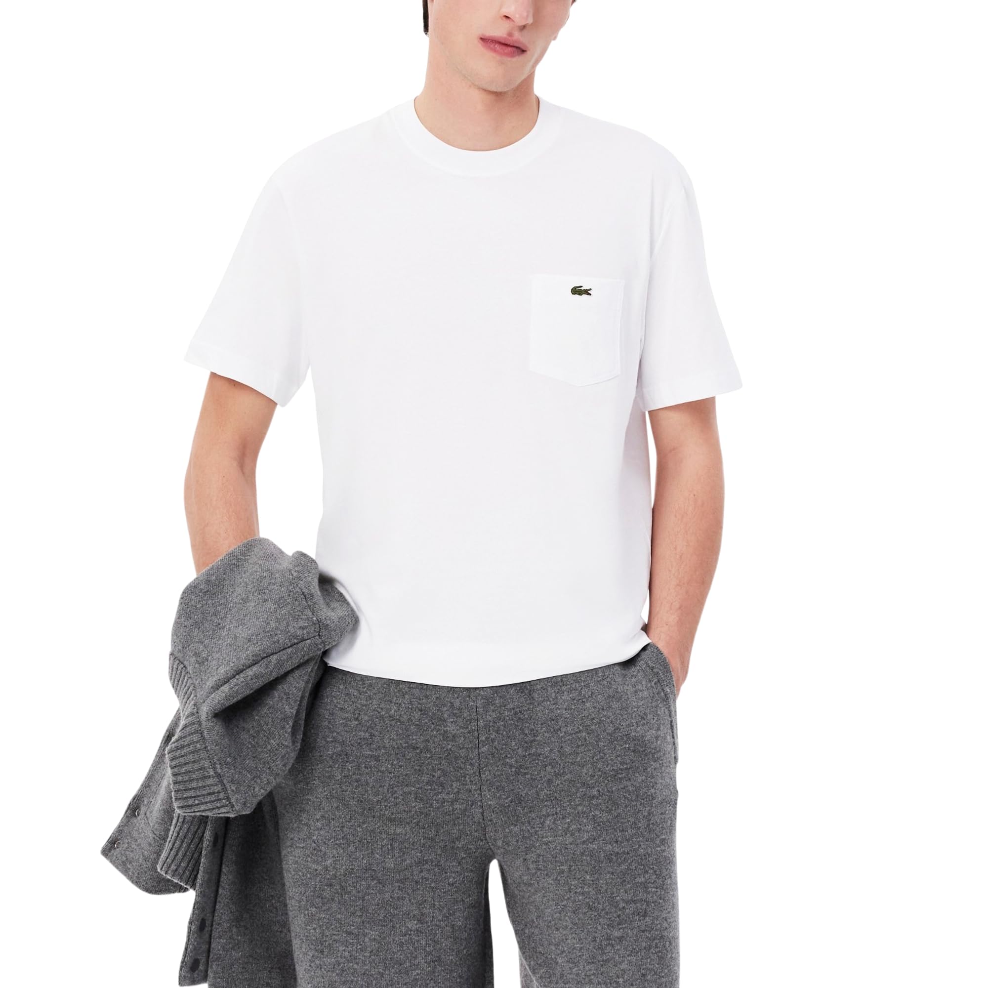 Lacoste Men’s Cotton T-Shirt with Breast Pocket, White Pocket, Small