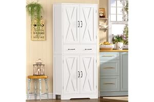 TEENFON Tall Pantry Cabinet with 2 Adjustable Shelves & 1 Large Drawer, Kitchen Pantry Cabinet with 4 Barn Doors, Bathroom St