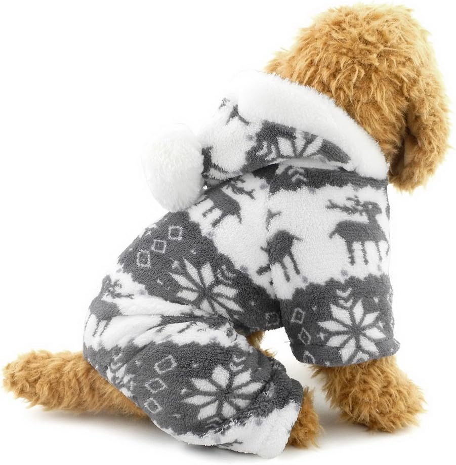 Ranphy Small Dog Cat Clothes Soft Velvet Reindeer Pattern Dog Pajamas Puppy Hoodie Hooded Jumpsuit Grey M