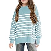 Girls Striped Oversized Sweaters Fashion Batwing Sleeve Side Slit Knit Pullover Clothes 5-14 Years