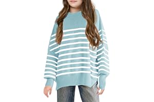 BATERMOON Girls Striped Oversized Sweaters Fashion Batwing Sleeve Side Slit Knit Pullover Clothes 5-14 Years