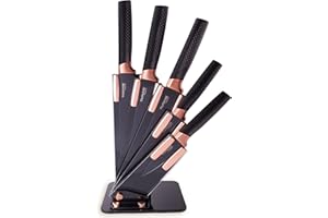 nuovva Kitchen Knife Block Set Copper 5 Piece Set with Knives Clear Acrylic Block Stainless Steel Blades
