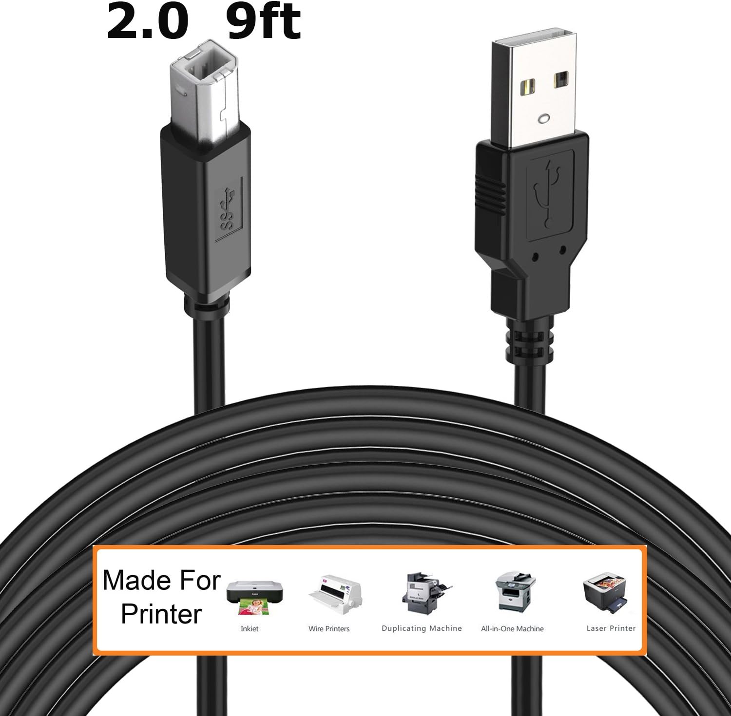 Maleap USB 2.0 A to B Cord Printer Cable 2.7M/8.9ft - Extra-Long Type A Male to B Male Printer Scanner Lead for Canon, Epson, HP, Samsung, Dell, Lexmark & More