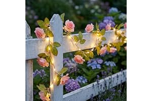 Ninonly Rose Fairy Lights, 7.2FT 40 LEDs Pink Artificial Flower Garland with Lights, 8 Lighting Modes Garden Lights, Battery 