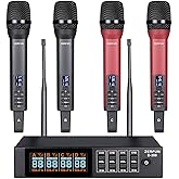 ZERFUN Rechargeable Wireless Microphone System 4 Channel Pro, UHF Handheld Cordless Mics with VOL Echo Treble BASS Control, LCD Display, Frequency Lock, XLR, 1/4, 1/8 Output, D-300, Grey&Red