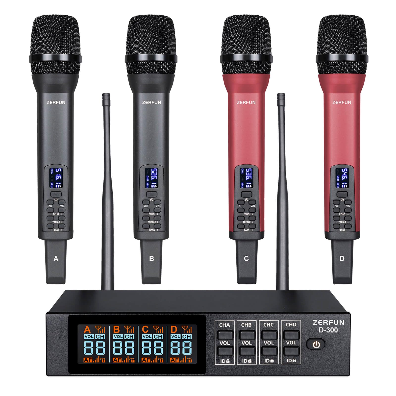 Photo 1 of ZERFUN Rechargeable Wireless Microphone System 4 Channel Pro, UHF Handheld Cordless Mics with VOL Echo Treble BASS Control, LCD Display, Frequency Lock, XLR, 1/4, 1/8 Output, D-300, Grey&Red