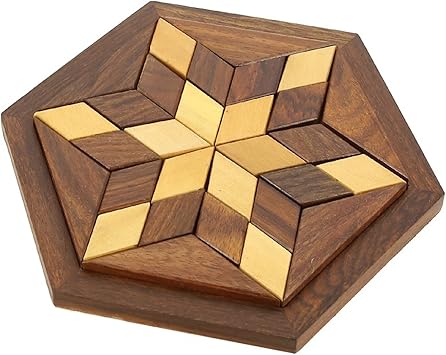 Shalinindia Handmade Hexagonal Wood Tangram Puzzle Game Set with 30 Pieces Great Gift for Kids (6-inch by 6-inch)