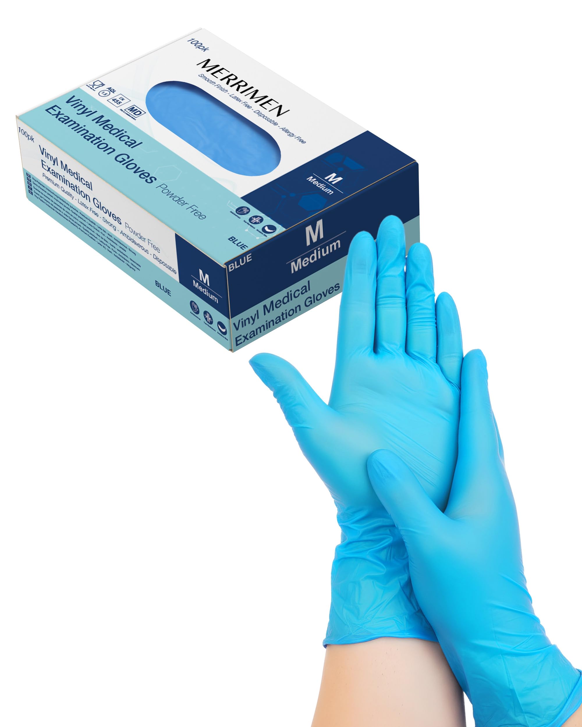 Merrimen Vinyl Disposable Gloves - Powder & Latex Free, Durable Synthetic Rubber, Single Use Protective Gloves for Healthcare, Food Handling & Cleaning - Medium (Pack of 100)