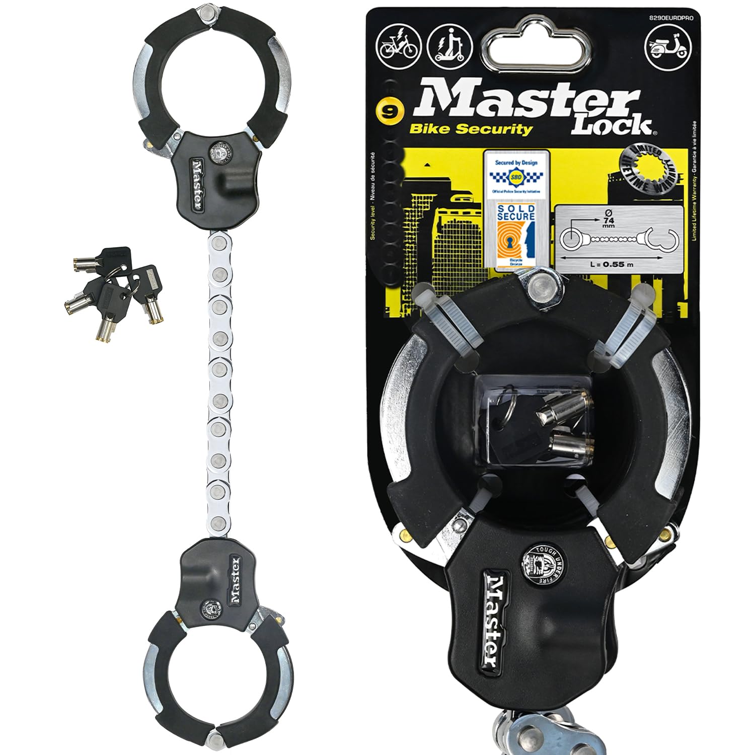 MASTER LOCK Police Approved Bike Lock and E-Scooter Cuff Lock, Hardened Laminated Steel, 4 Keys, 550 x 110 x 25 mm, for e Bike Scooter Quad