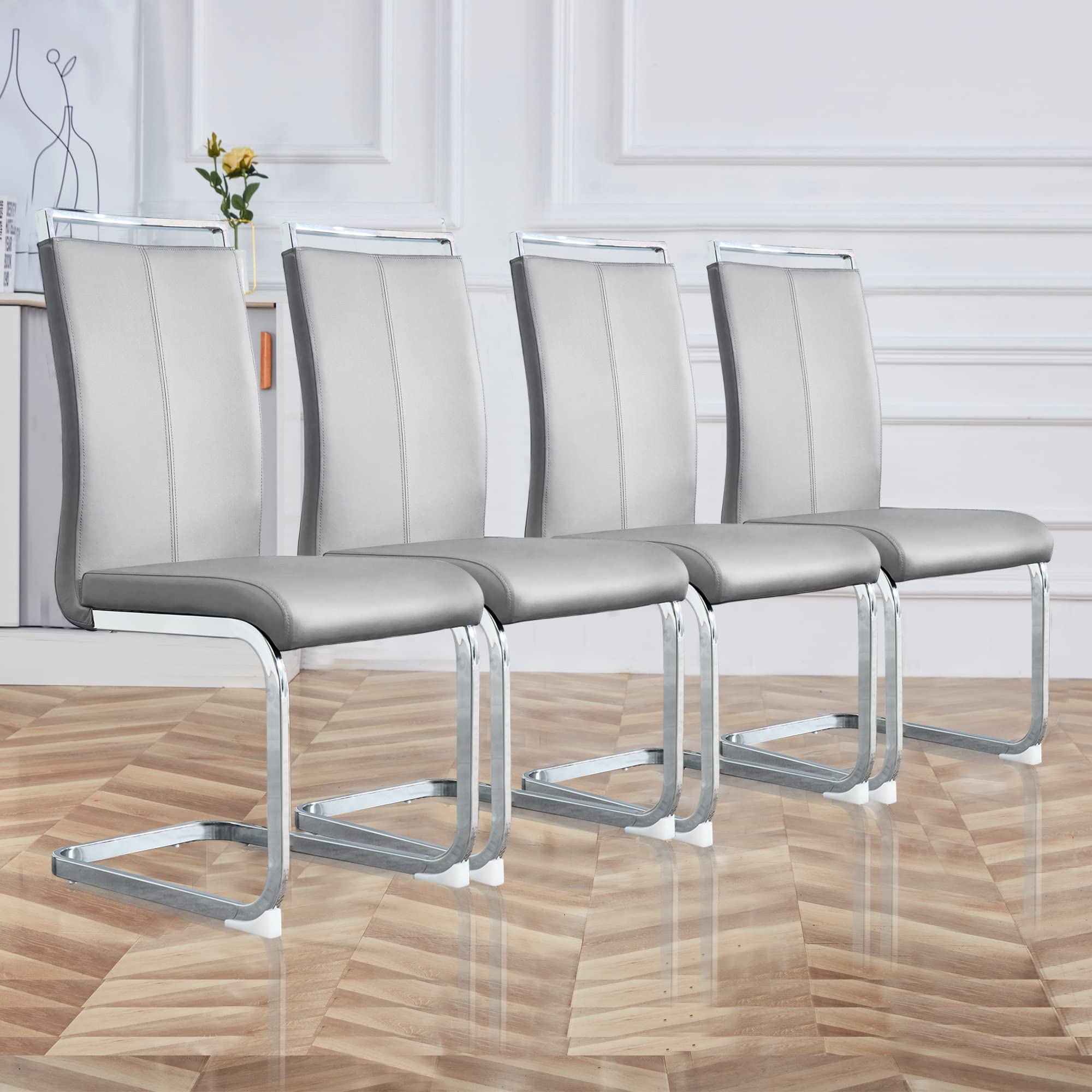 Photo 1 of ***USED, MISSING PARTS AND IT IS NOT KNOWN IF IT WORKS AT 100%****gopop Dining Chairs Set, Kitchen Modern Metal Chairs with Faux Leather Padded Seat High Back and Sturdy Chrome Legs, Chairs for Dining Room (Light Gray, Set of 4)