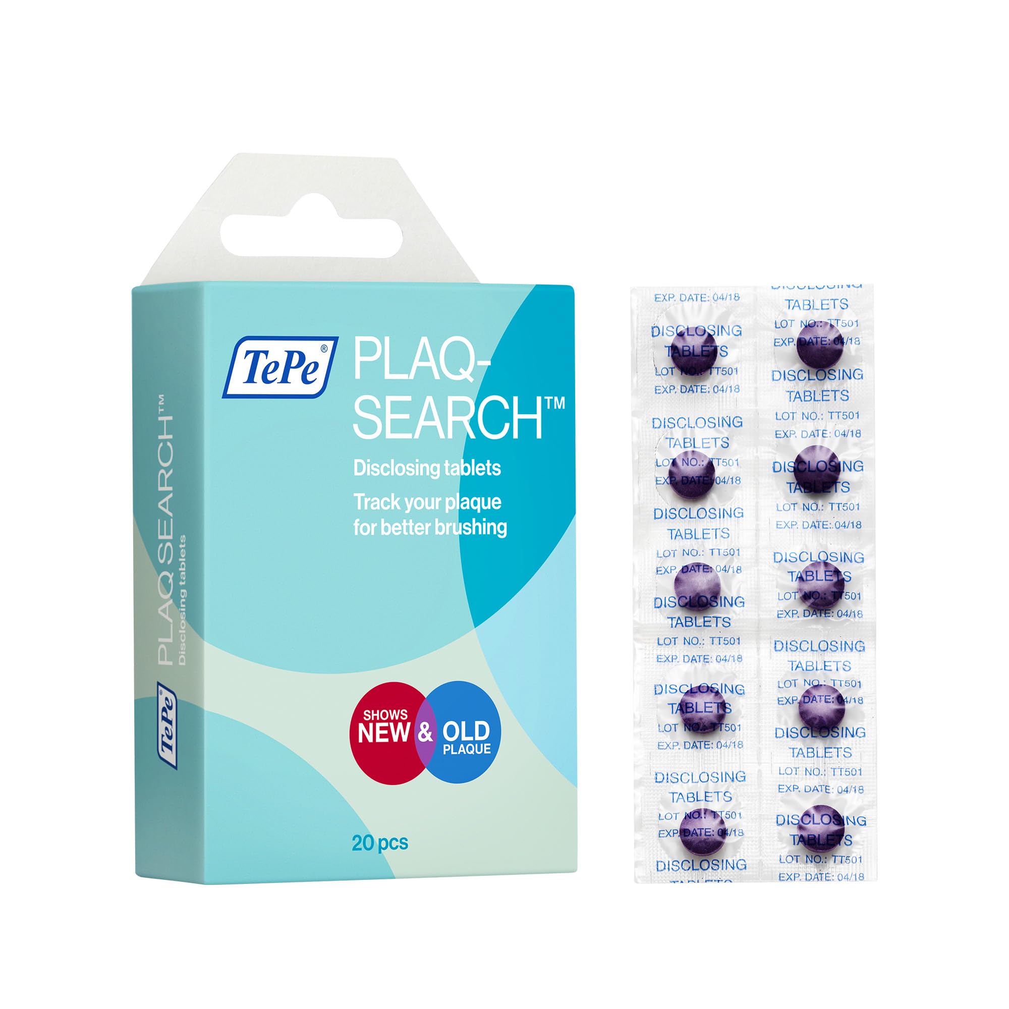 TePe PlaqSearch, 20 Tablets, disclosing Product for Simple self-Check Identification of Plaque, Two-Tone Colour Indicators