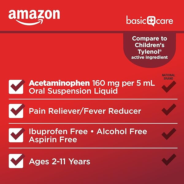 AMAZON BASIC CARE CHILDREN’S PAIN RELIEVER AND FEVER REDUCER, ACETAMINOPHEN 160 MG PER 5 ML, BUBBLEGUM FLAVOR, FOR HEADACHE AND SORE THROAT, AGES 2-11 YEARS, 4 FL OZ