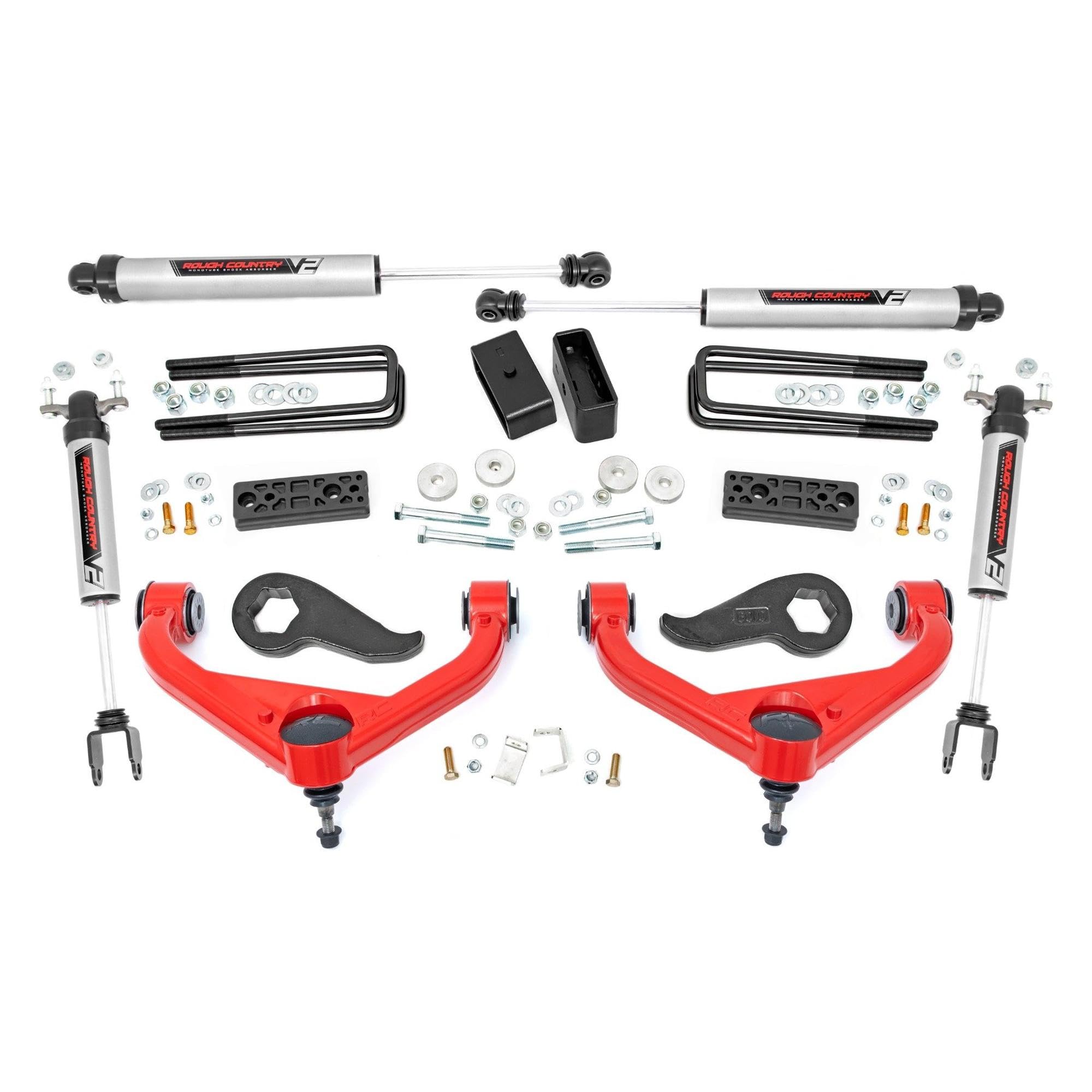 Photo 1 of (used)(incomplete)(see all images) Rough Country 3" Lift Kit with V2 Shocks for Chevy Silverado & GMC Sierra 3500HD (2020-2025) Dually - Red Control Arms