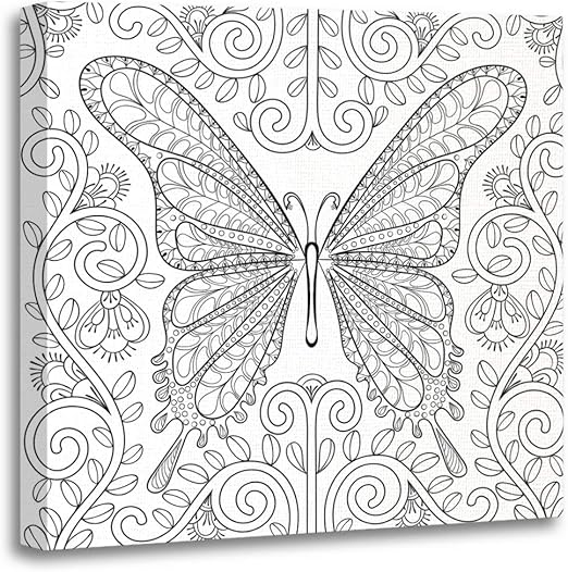 Amazon Com Semtomn Canvas Wall Art Print Adult Coloring Book Butterfly In Flowers Pages Zentangle Artwork For Home Decor 12 X 12 Inches Posters Prints
