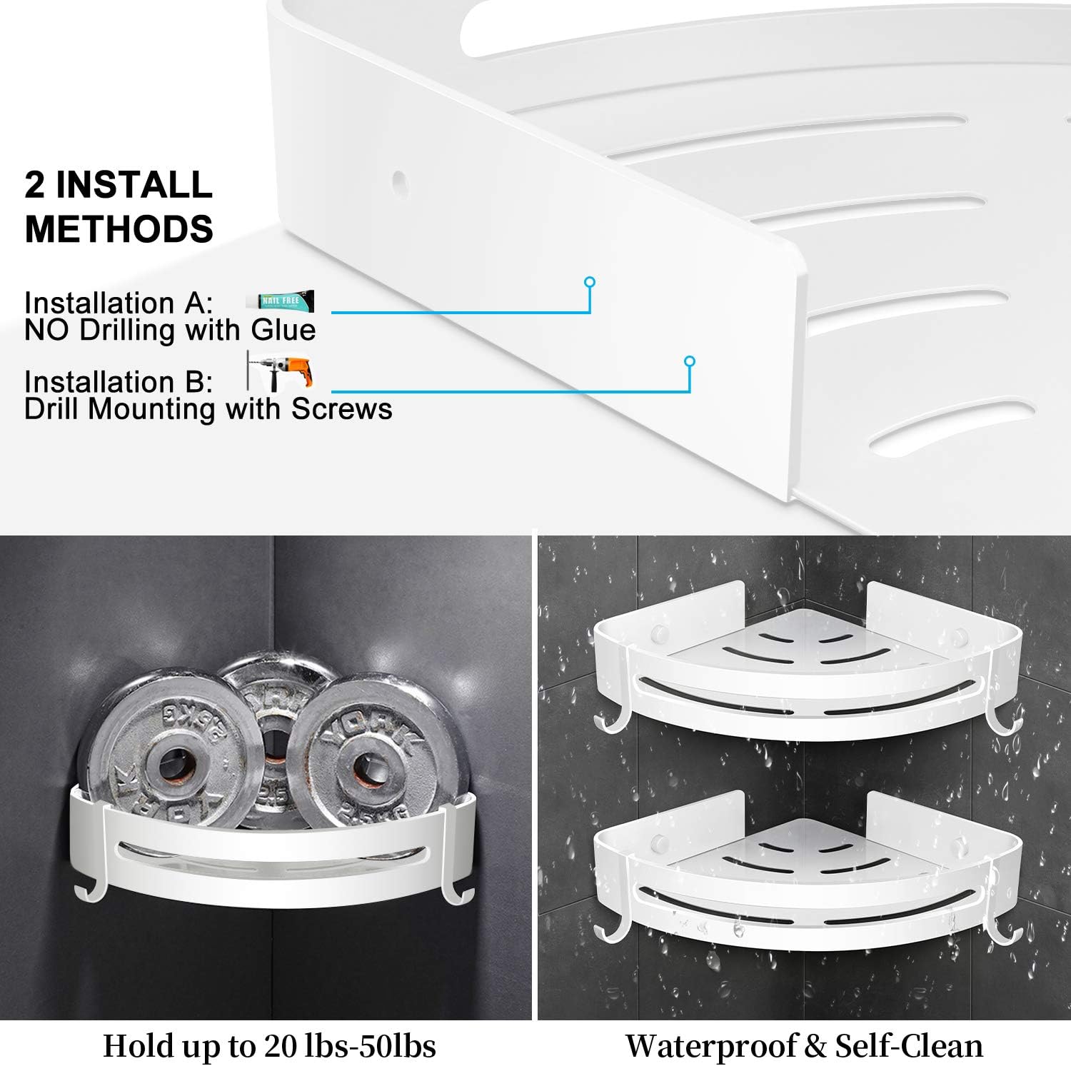 AK KYC Shower Corner Shelf Shower Caddy Wall Mounted Bathroom Shelves-Strong Adhesive (No Drilling) in 2 Pack with 4 Removable Hooks Rustproof Aluminum Basket Organizer Hanging Storage kitchen-White - - 