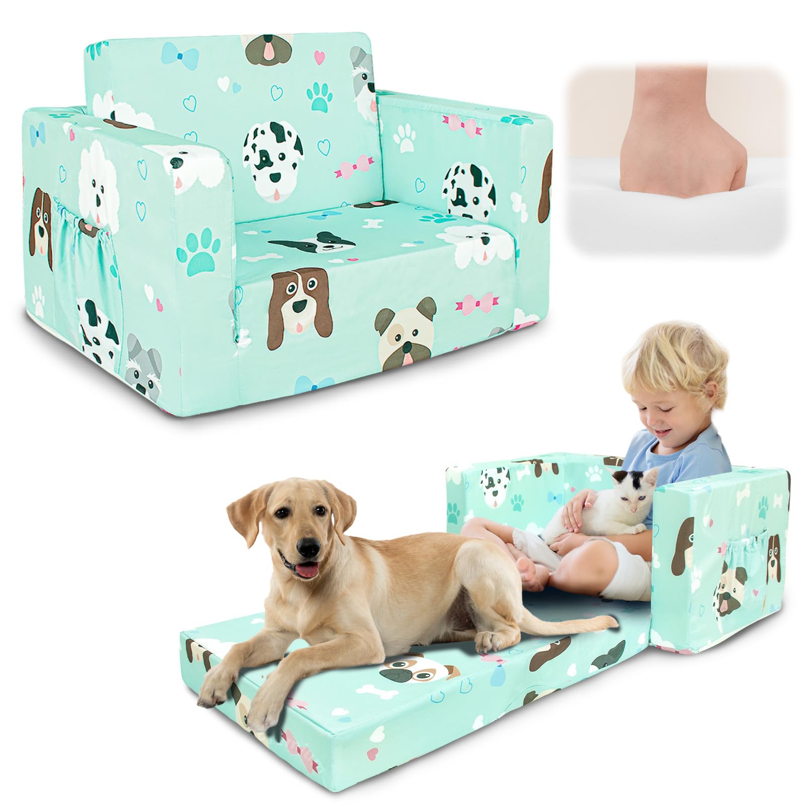 Photo 1 of Beavtaens Kids Couch, 2-in-1 Kids Fold Out Sofa, Convertible Toddler Couch to Lounger for Girls and Boys, Soft Toddler Chairs Comfy 1-3 Years Old (Green Dog)