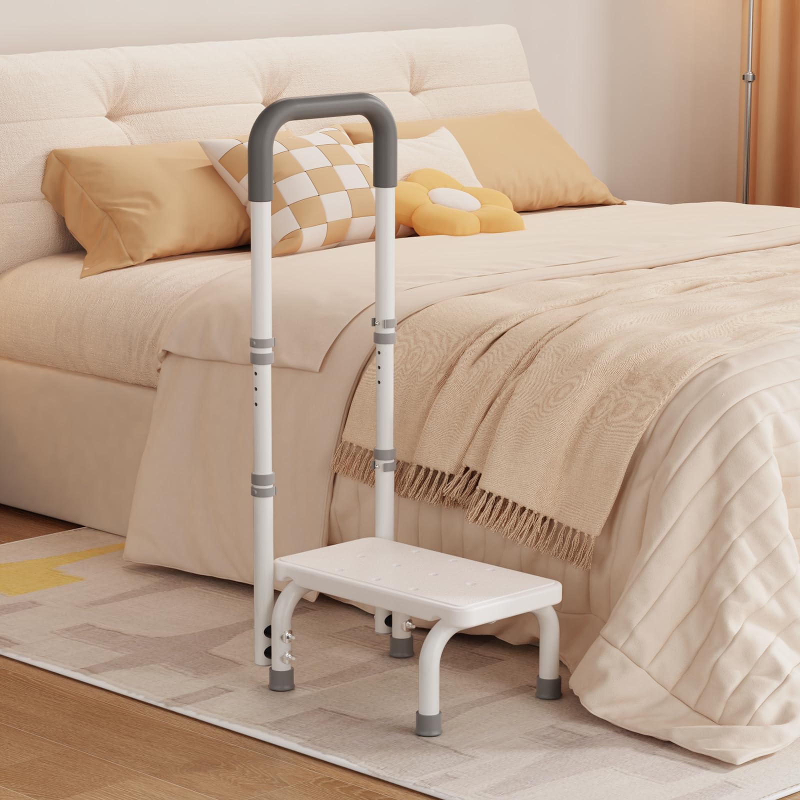 Photo 1 of Step Stool with Handle for Ederly and Non-Skid Platform, Height Adjustable Heavy Duty Steps Foot Stool for Adult, Seniors, Foot Stool for Bedside, Kitchen,Bathtub Car,Safely Load 440 lbs. (White)