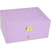 Unimoly 2-Layer Jewelry Box for Women Girls, Jewelry Organizers and Storage with Removable Jewelry Tray, Vintage Quilted Top Lockable Jewelry Holder Gift Idea Light Purple
