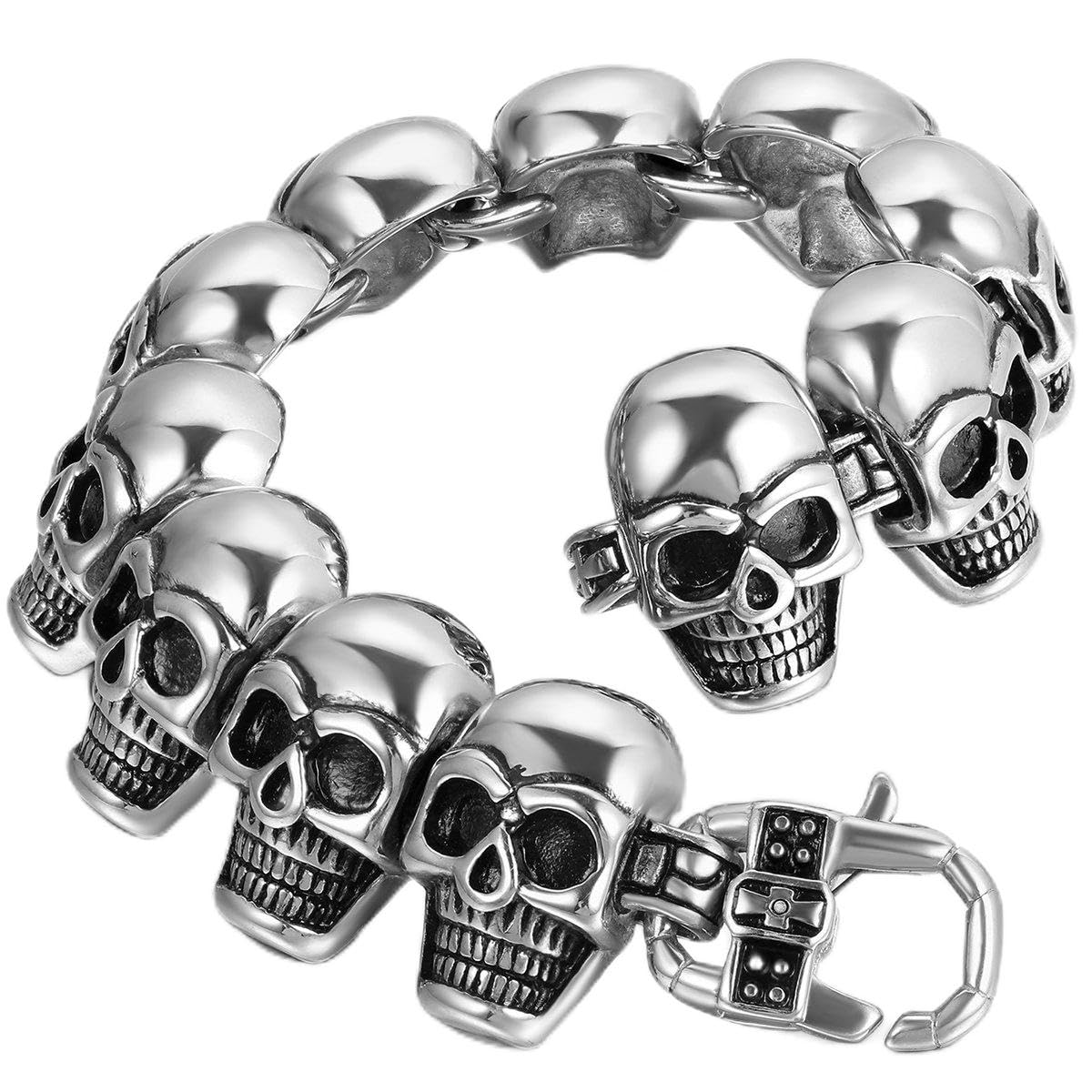 JewelryWe Biker Men's Heavy Stainless Steel Bracelet Gothic Skull Punk Rock Halloween Birthday Gift for Him