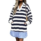 MISSACTIVER Women's Tunic Striped Dress Collar V Neck Long Sleeve Casual Mini Dresses Loose Flowy Shift Dress with Pockets