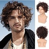Swiking Mens Short Brown Curly Wig Fluffy with Bang Layered Halloween Costume Hair Party Cosplay Wigs for Male (Brown)