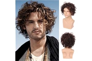 Swiking Mens Short Brown Curly Wig Fluffy with Bang Layered Halloween Costume Hair Party Cosplay Wigs for Male (Brown)