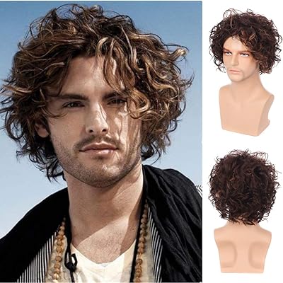 Swiking Mens Short Brown Curly Layered Wig Fluffy with Bang Halloween Costume Hair Party Cosplay Full Wigs for Male
