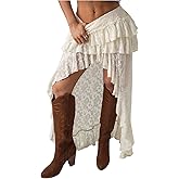 SHENHE Women's High Low Lace Skirt Low Rise Layered Ruffle Western Boho Hippie Fairy Long Skirt