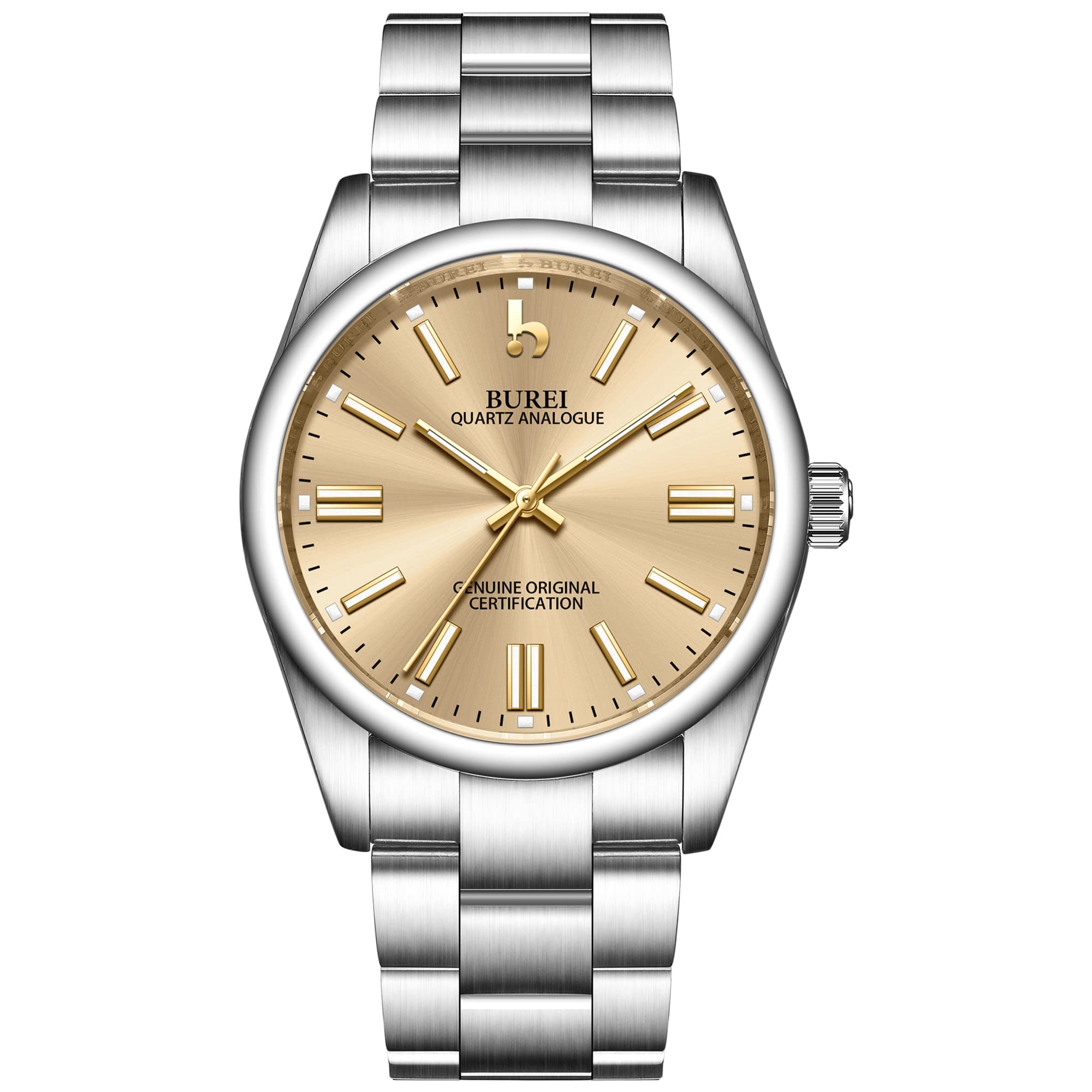 BUREI Men's Stainless Steel Fashion Watch Japan Movement Quartz Wristwatches for Men 42mm Luxury Classic Watch Light Gold Dial
