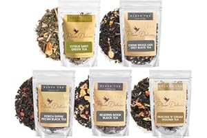 Loose Leaf Tea Sampler – 5 Caffeinated Blends Including Creme Brulee Earl Grey, Peach Oolong, Citrus Mint, Pecan and Floral Black – 75 to 100 Cups – Handcrafted in USA – Plum Deluxe
