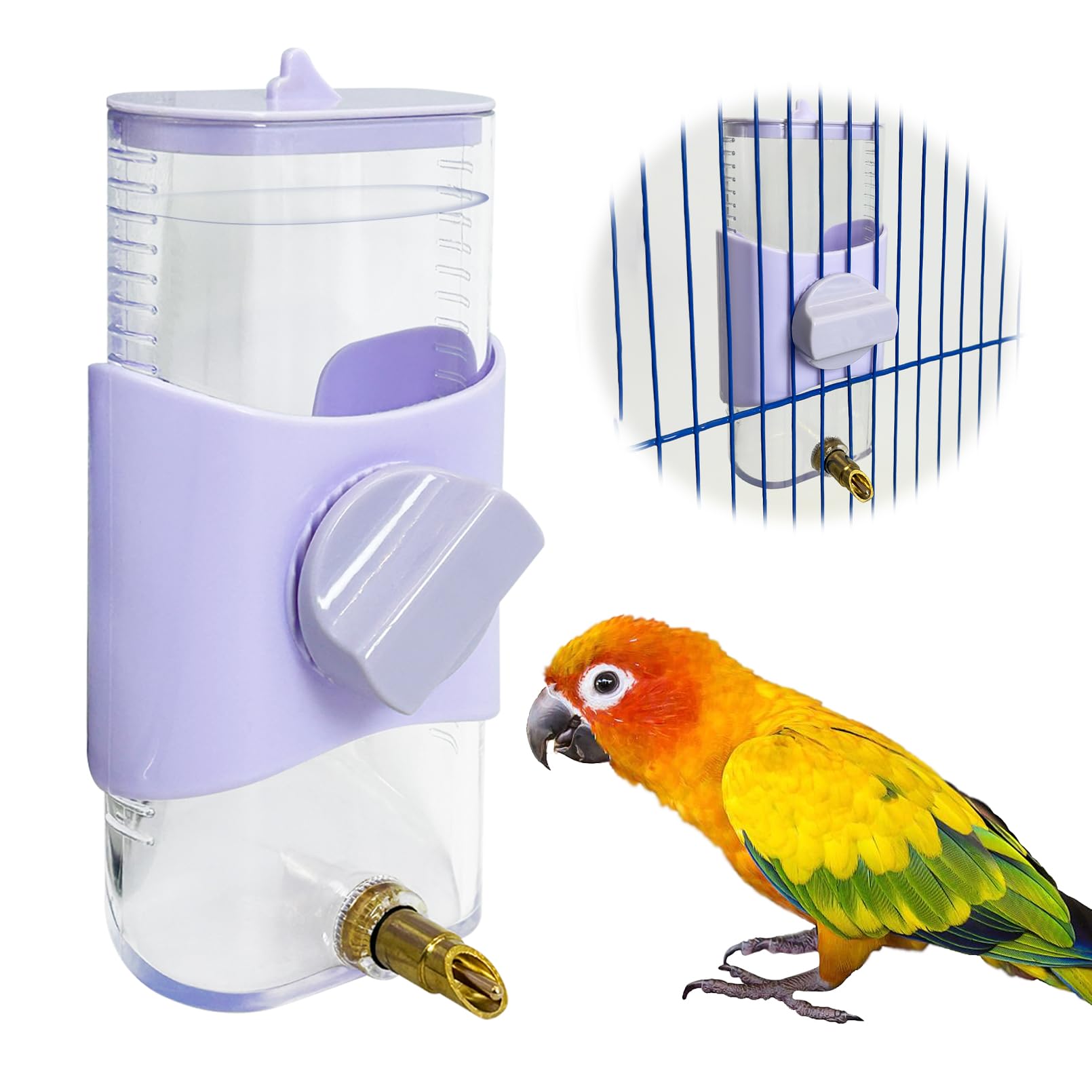 Photo 1 of PINVNBY Bird Water Dispenser 9.47 Fl Oz Automatic Parrot Water Feeder Suspended Water Dispenser Bird Cage Accessories for Parakeet Budgie Lovebird Cockatiel Finch (Purple)