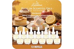LASENTEUR Plug-In Air Freshener Refills 12 Pack – Dreamy Marshmallow, Sicilian Lemon, Golden Apple & Vanilla Cake Scents – Adjustable Fragrance for Rooms & Bathrooms – Compatible with Air Wick & Glade