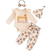 Lamuusaa Newborn Infant Baby Girl Halloween Outfit Long Sleeve Romper Pumpkin Long Pants Headband Hat 4Pcs Fall Clothes