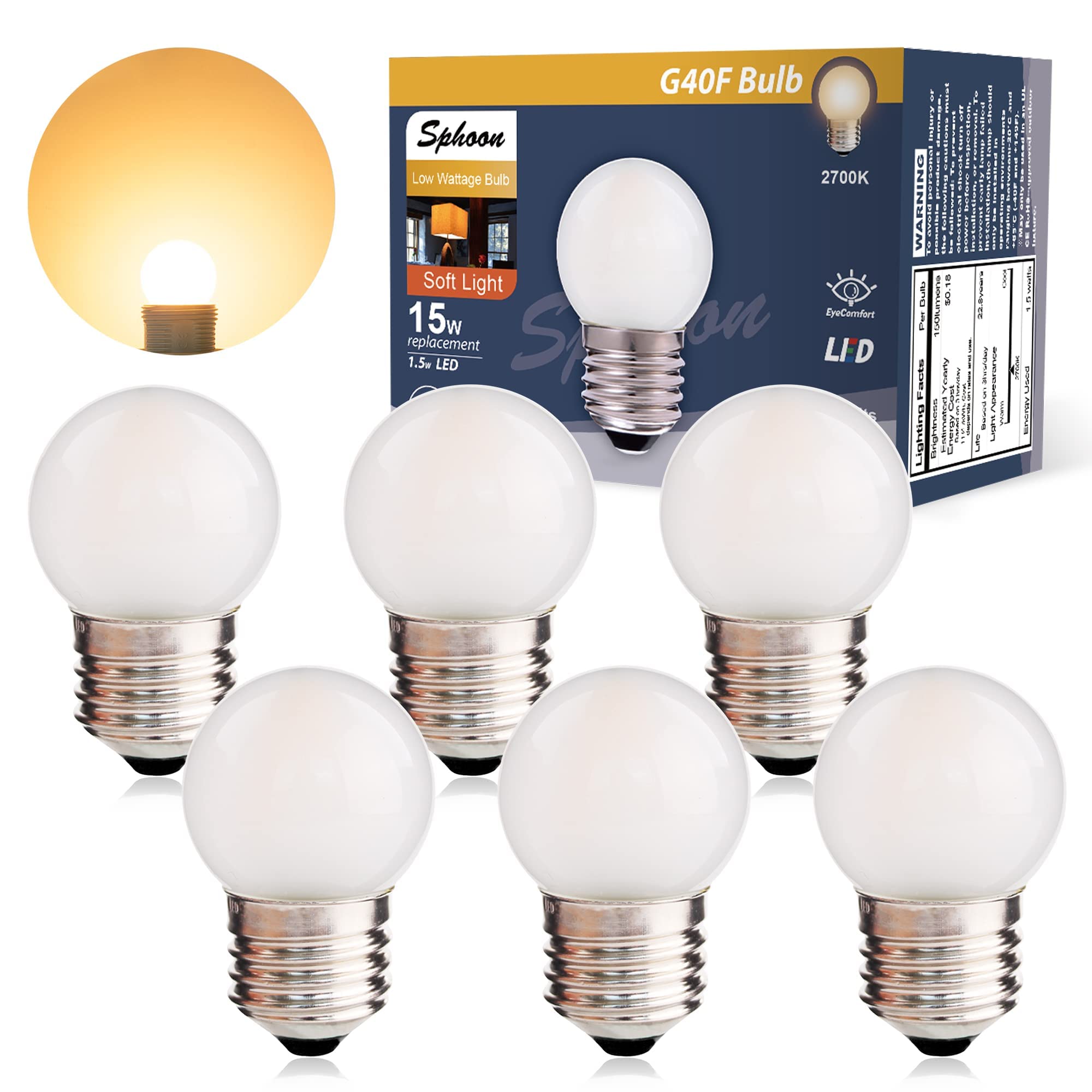 Photo 1 of Sphoon G40 Low Watt LED Light Bulbs 1.5W Soft Warm White 2700K G14 Energy Saving Bulb 15 Watt Equivalent Lights Bulb Standard Base E26, Night Light for Bathroom, Bedroom, 150 Lumen, 90+ Ra, Pack of 6