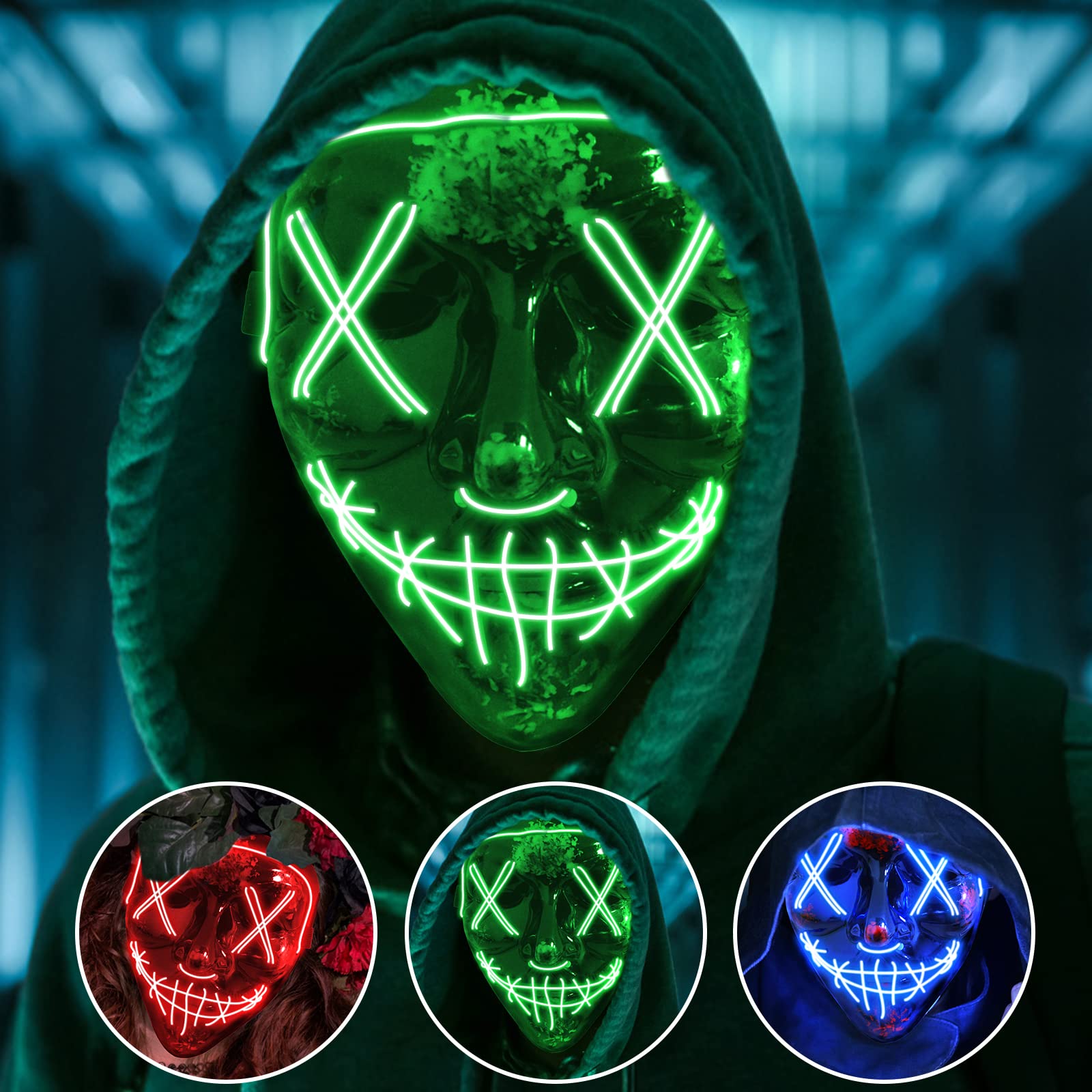 Jsdoin Halloween Masks, Scary LED Purge Mask, Light up Mask Cosplay, LED Rave Face Mask Costume 3 Lighting Modes, Halloween Face Masks for Men Women Kids (Green)