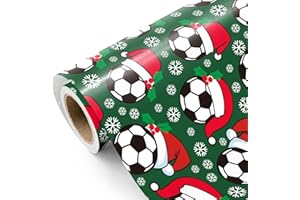 WRAPAHOLIC Soccer Christmas Wrapping Paper - Mini Roll - 17 Inch x 16.5 Feet - Snowflakes and Santa Hat Soccer Wrapping Paper for Christmas, Sport Party, Holiday, Party Celebration