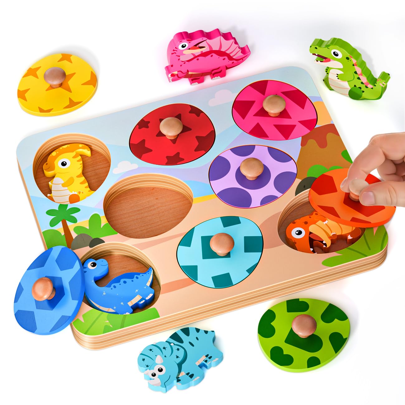 Dinosaurs Eggs Peg Puzzles Wooden Toys for 1 Year Old, Montessori Toys for Boys Girls 12-18 Months Baby Easter Birthday Gifts, Learning Educational Toys for Toddlers Kids Age 1 2 3