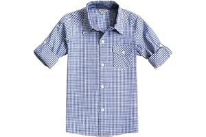 Bienzoe Boys Cotton Plaid Roll Up Sleeve Button Down Sports Shirts