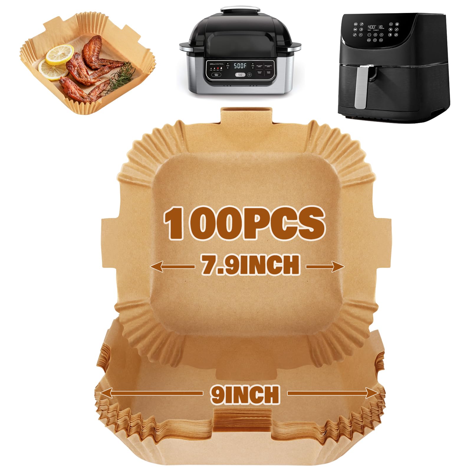 YQL Air Fryer Liners Square for COSORI 5.5L-6.4L, 100pcs Disposable Airfryer Accessories 7.9Inch for Basket 5L-7.5L, Non Stick Parchment Paper for Tefal Easy Fry 5L-7.5L/Ninja Speedi/AF180UKCP/Philips