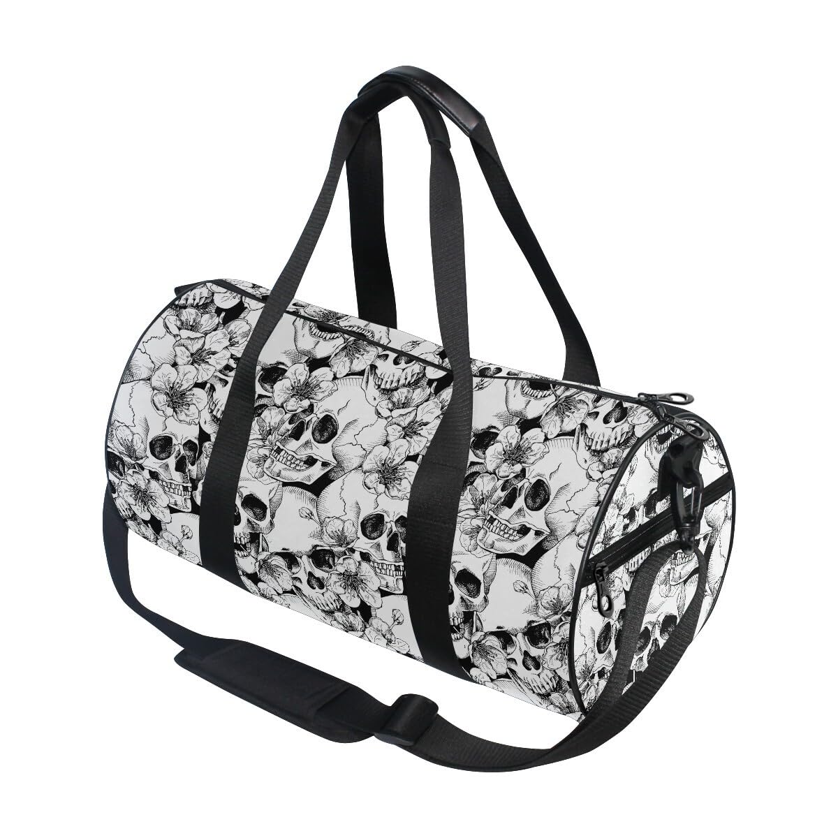 ALAZA Foldable Duffle Bag Womens Mens for Travel Sports Camping Yoga Swim, Skull and Flower Small Round Gym Bags with Shoulder Strap Top Handle