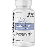 Youth &amp; Tonic Natural Water Pills Weight Loss Women, Men, Water Retention | Water Pills for Swollen Legs &amp; Feet, Swelling, Fluid Relief, Water Retention Pills Maximum Strength, Natural Diuretics, 90 ct