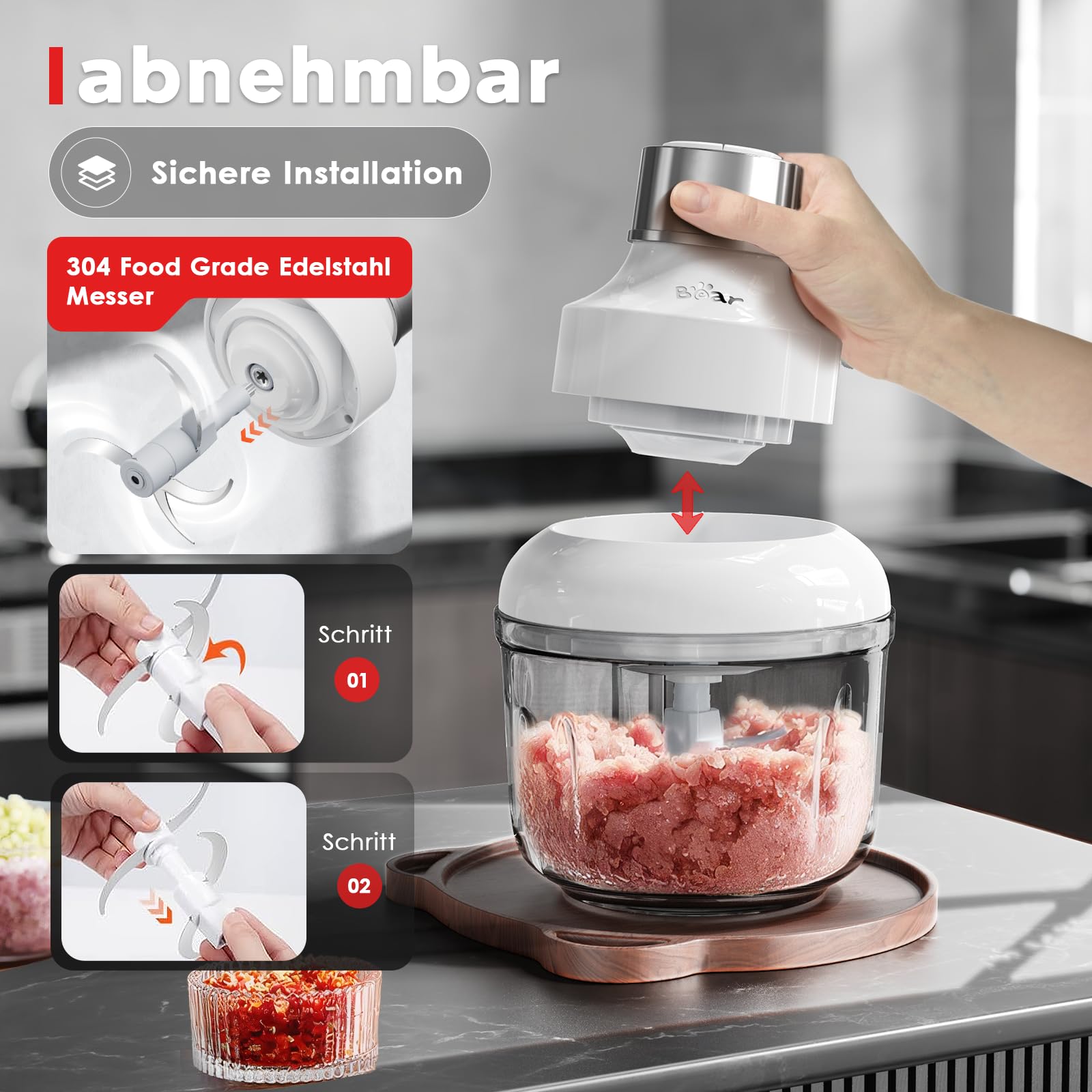 Bear 0.6L+2L Zerkleinerer Glas, 2 Geschwindigkeitsstufen, Häcksler mit 4-Edelstahlklingen und Fleischwolf, Glasbehälter Zerkleinerer für Fleisch,Babynahrung,Obst,Gemüse,Elektrisch Mini chopper 2