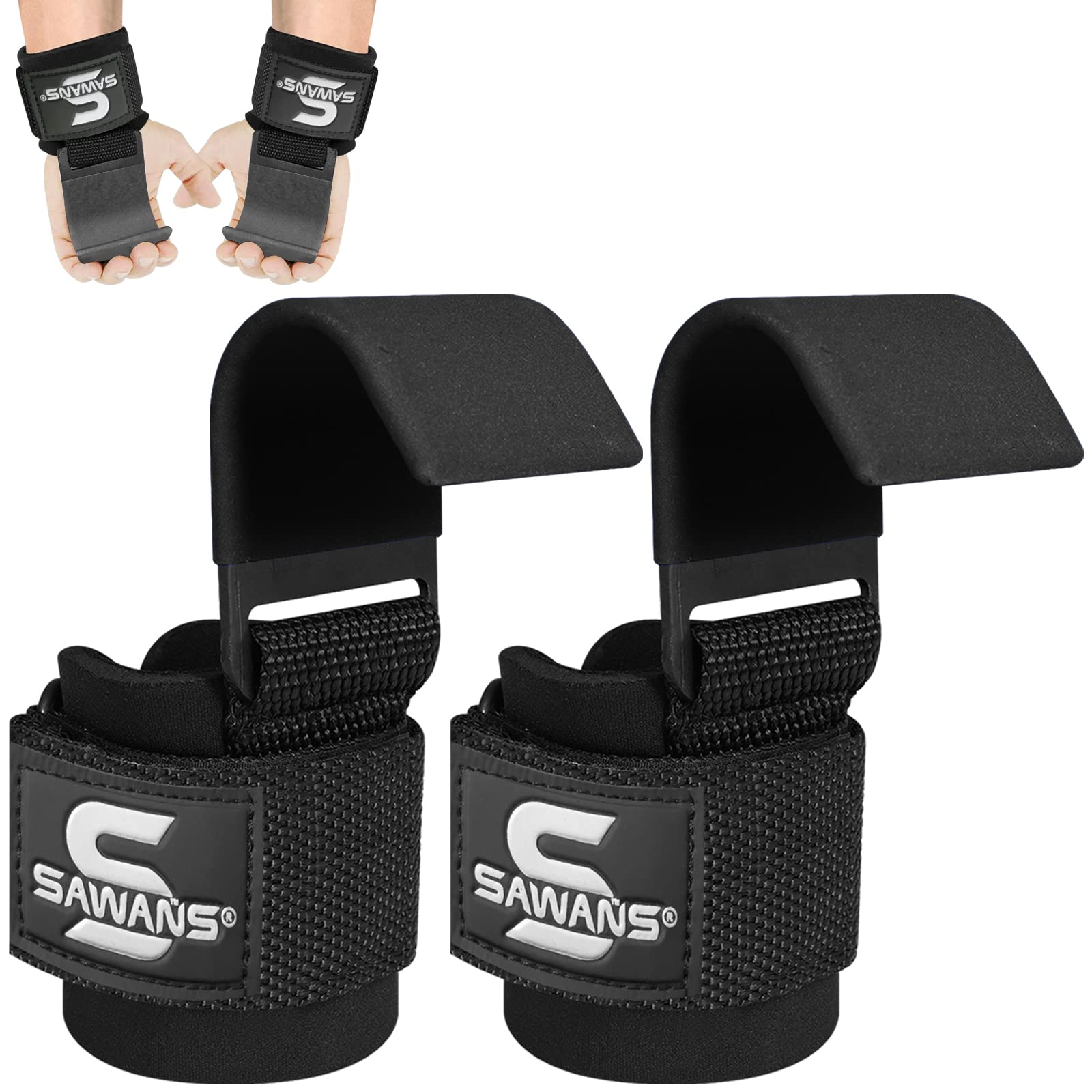 Lifting Hooks Non-Slip Coated Heavy Duty Solid Steel Neoprene Thick Padded Wrist Support Pair of Weight Lifting Gym Straps Deadlifts Chin Pull Up Fitness Bar Grip Strength Training Equipment (Black)