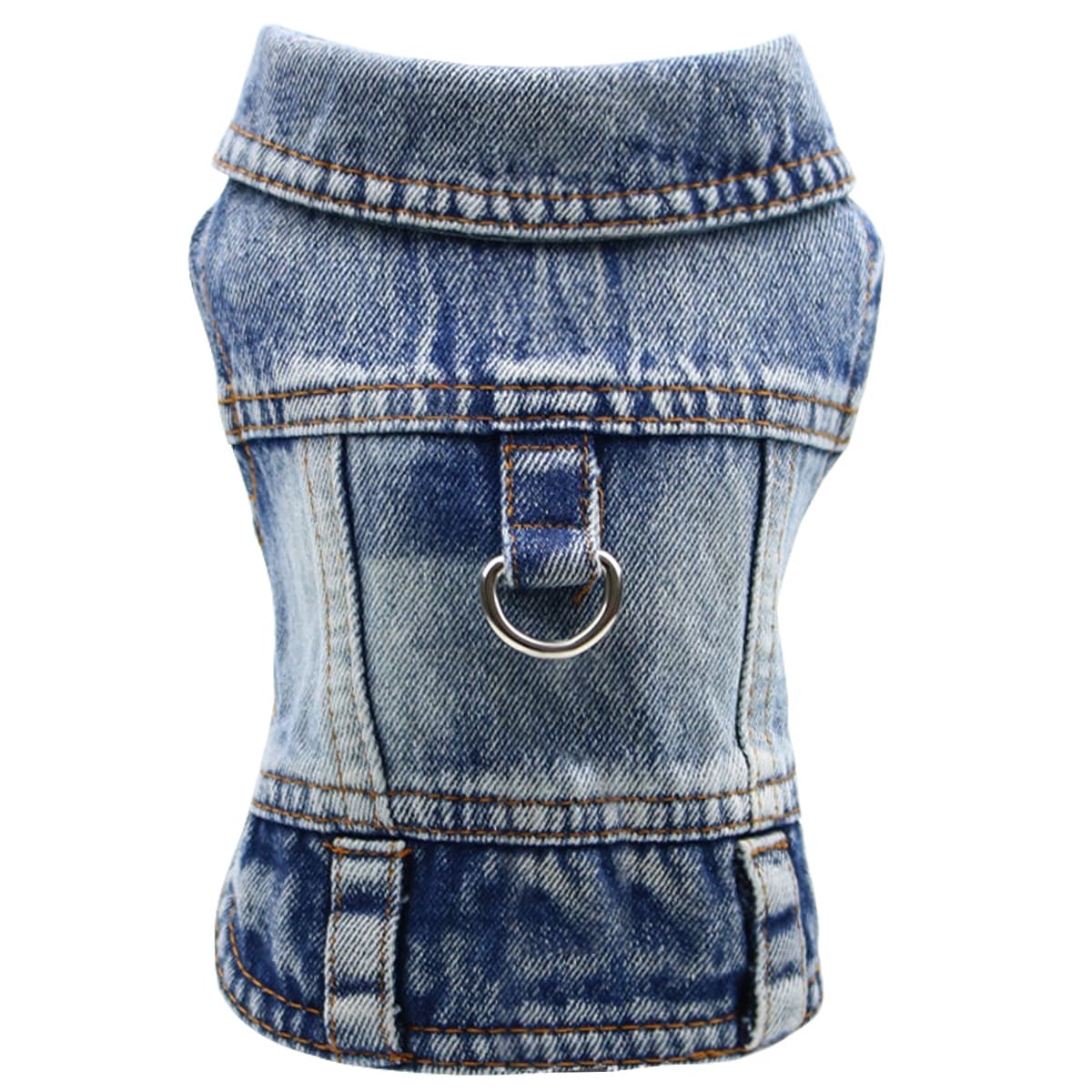 Photo 1 of LKEX Dog Jean Jacket, Blue Denim Shirt Classic Lapel Vest Coat Costume Puppy T-Shirt, Comfort Tank Top Cool Apparel, Washed Pet Clothes for Dogs Boy Girl (with D-Ring, Large)