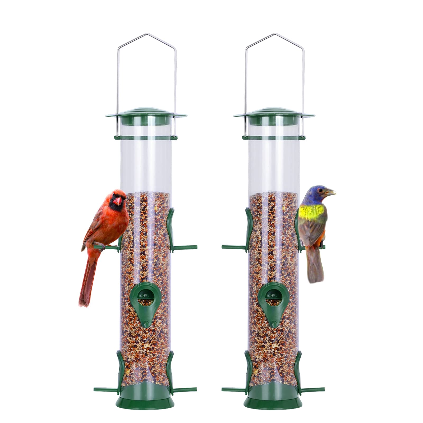 Urban Deco Hanging Plastic Tube Bird Seed Feeder With 6 Ports - Niger Seed and Fat Ball Feeder With Steel Hanger - Weatherproof for Small Birds (Green-2Pack)