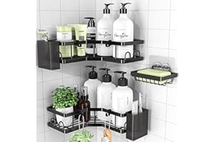 Corner Shower Caddy 3 Pack, Bathroom Storage Organizer with Soap Holder, Hooks, Toothbrush Holders, No Drilling Adhesive Wall