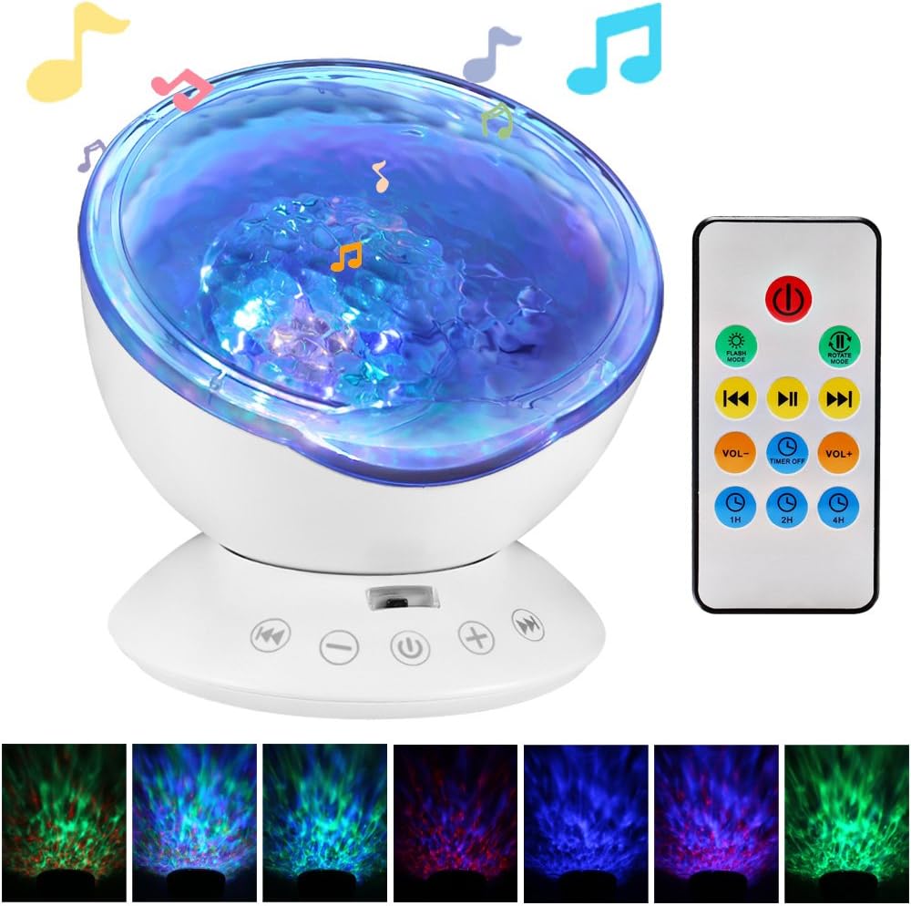 [Newest Design] Remote Control Ocean Wave Projector 12 LED &7 Colors Night Light with Built-in Mini Music Player for Living Room and Bedroom (White)
