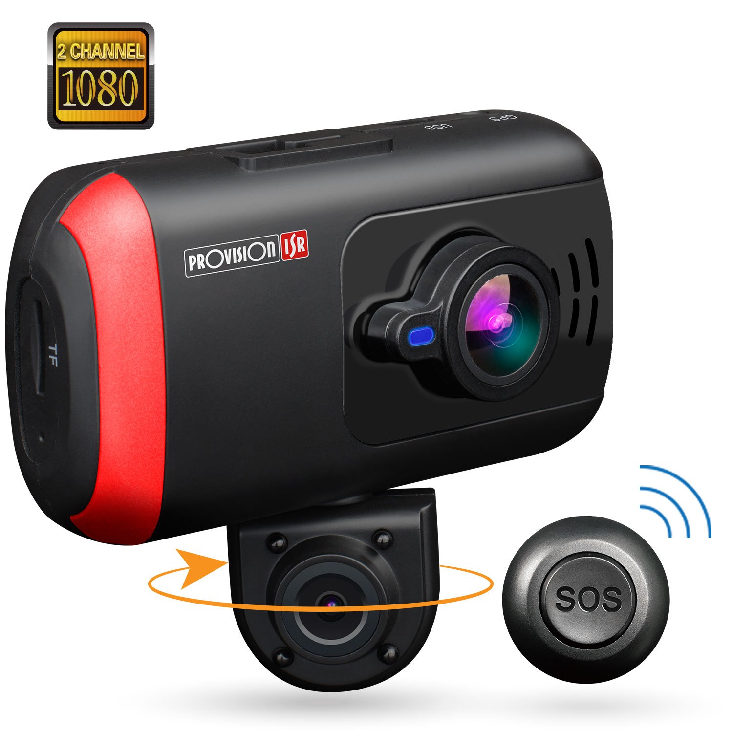 Provision-ISR Dual Dash Cam, Rotatable Inner Camera, Night Vision, Wireless SOS Button Included, Supports 64GB Memory Cards, Full HD 1080p, for Rideshare Drivers, Parking Guard, G Sensor