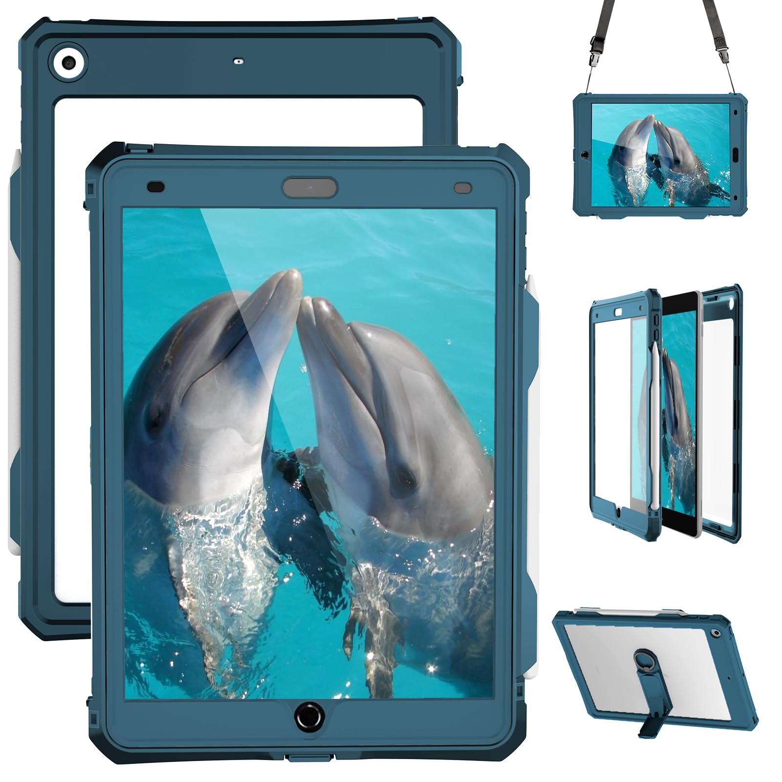 Photo 1 of MRUOZRUI iPad 9th 8th 7th Generation Case Waterproof, Full Body Protective Shockproof Case with Built-in Screen Protector, Pencil Holder, Stand, Shoulder Strap for iPad 9th 8th 7th Gen 10.2 inch Teal