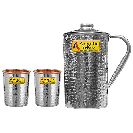 Angelic Copper Handmade Steel Jug with Glasses Set, Set of 2, Steel/Copper